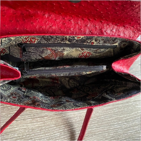 EUC Red Ostrich Embossed Shoulder Bag with Ornate Silver Hardware - Picture 8 of 13